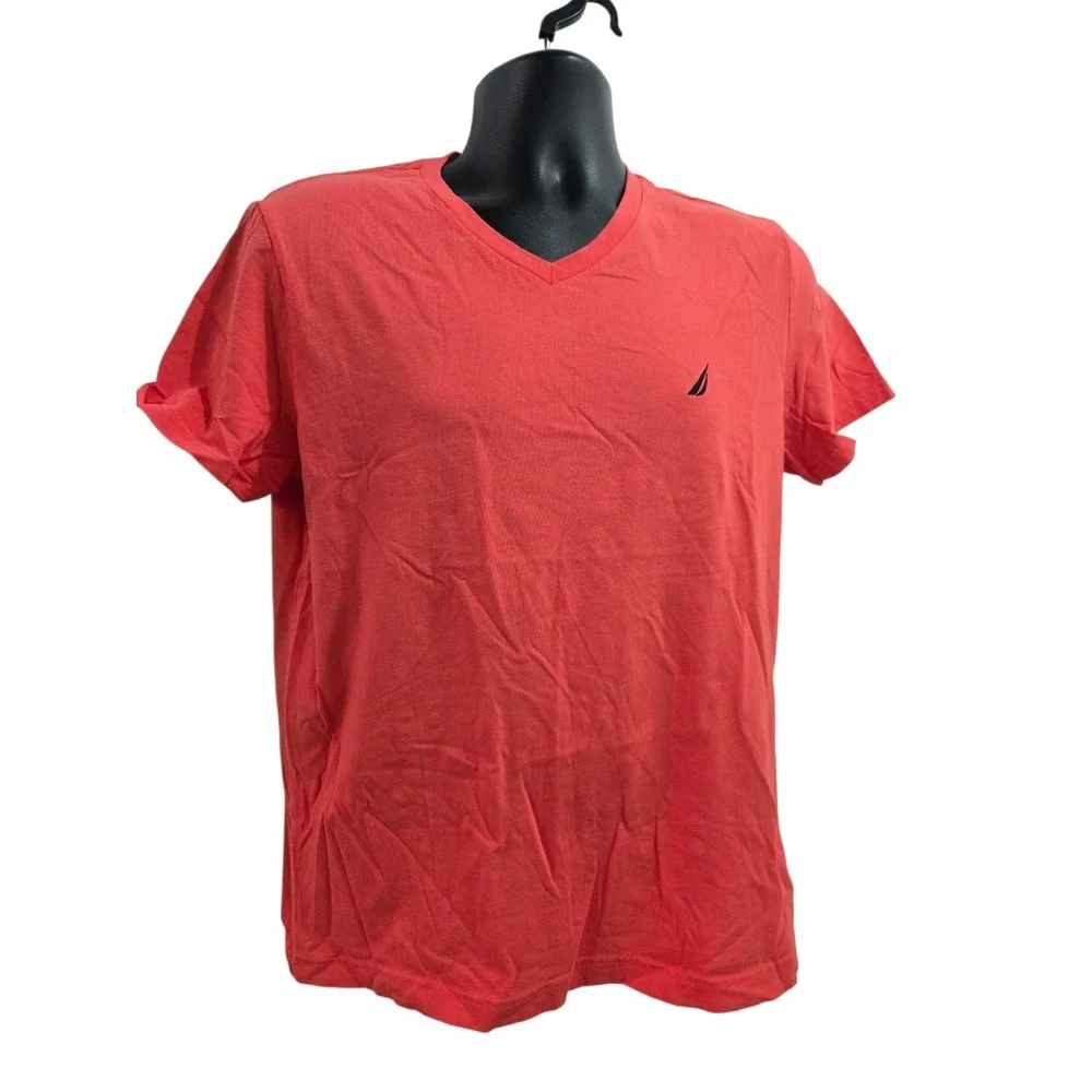 Nautica Men's V-Neck T-Shirt‎ - Small Coral Pink Short Sleeve Cotton